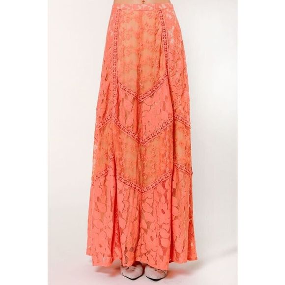 New Champagne & Strawberry Honeysuckle Peach Lace Maxi Skirt Size OP - Picture 3 of 10